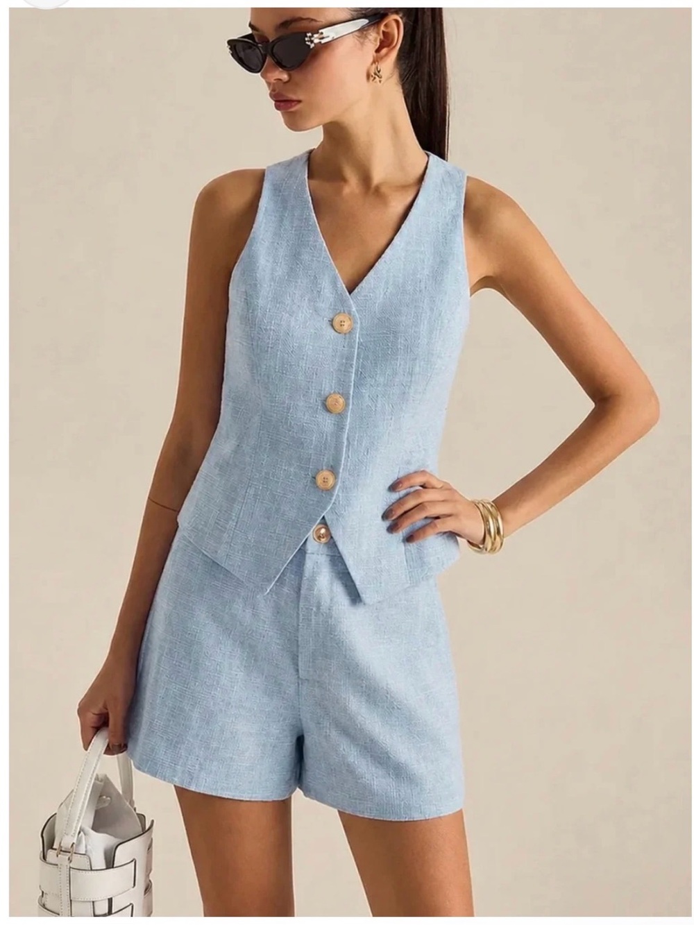 Commense Textured Metal Button Vest & Short Set in Light Blue Small NWT
